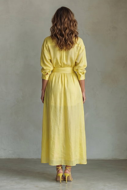 Elspeth | Maxi Shirt Dress Yellow Linen-Cotton Belted Wrap for Women