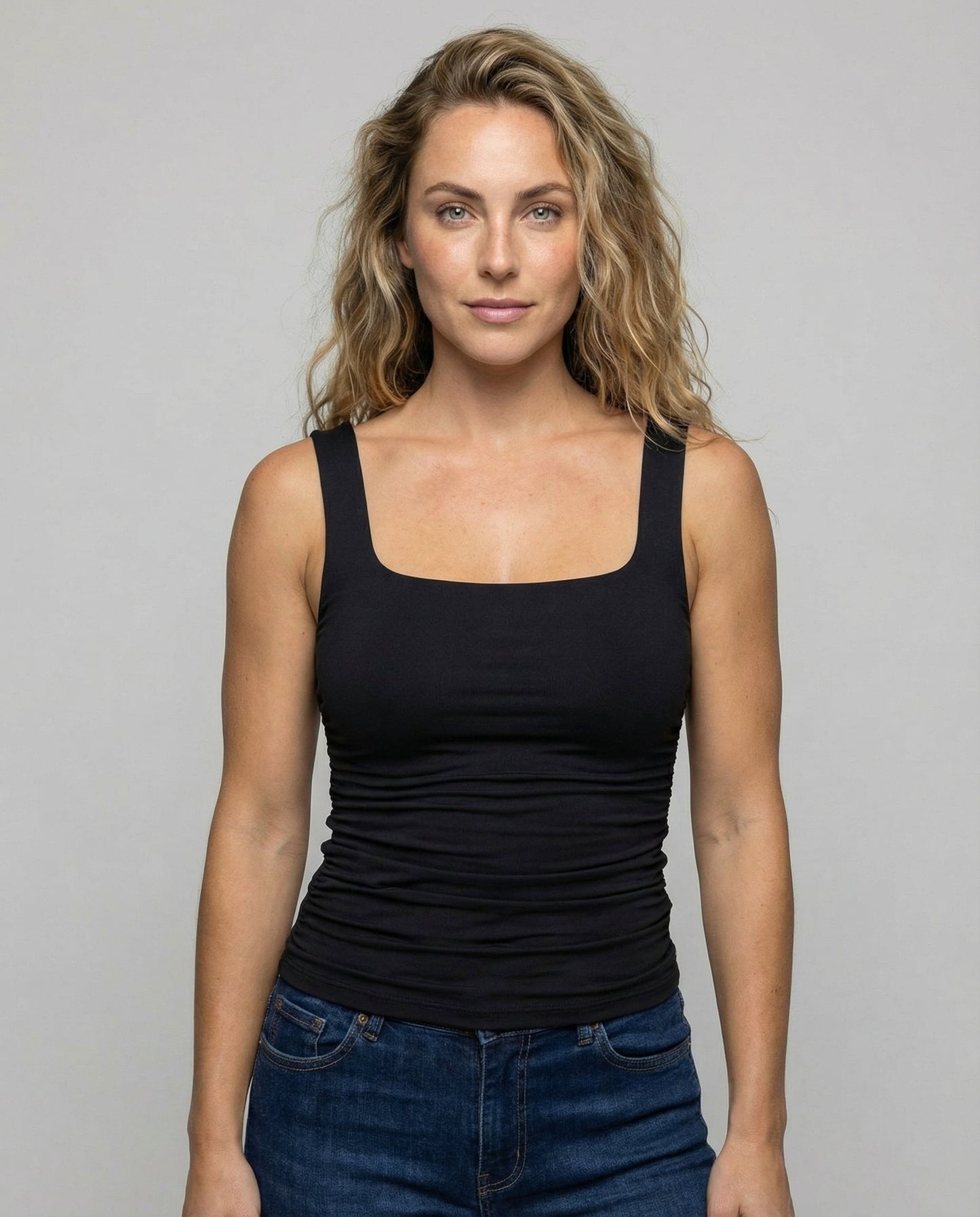 Phoebe | Tank Top Black Ruched Square Neck Sleeveless for Women
