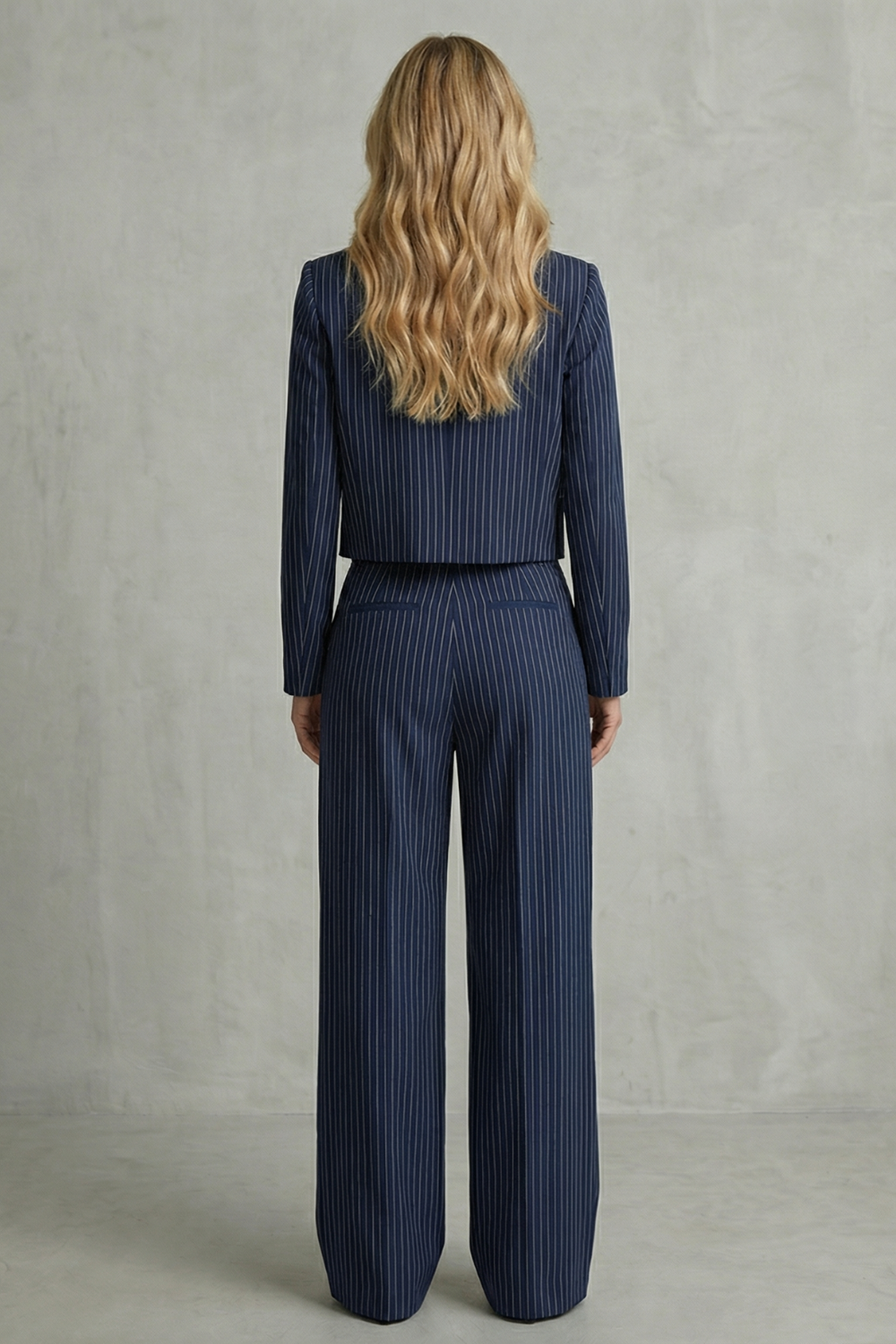 Rosalind | Pinstripe Co-Ord Set Navy Blue Tailored Cropped Blazer & Wide-Leg Trousers for Women