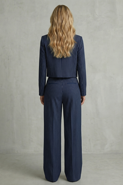 Rosalind | Pinstripe Co-Ord Set Navy Blue Tailored Cropped Blazer & Wide-Leg Trousers for Women
