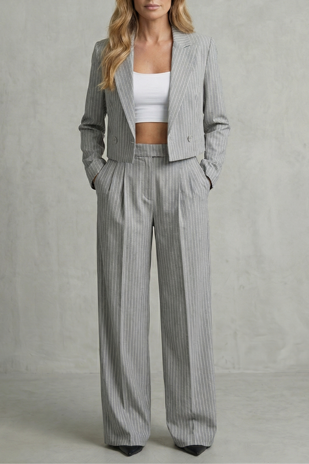 Rosalind | Pinstripe Co-Ord Set Navy Blue Tailored Cropped Blazer & Wide-Leg Trousers for Women