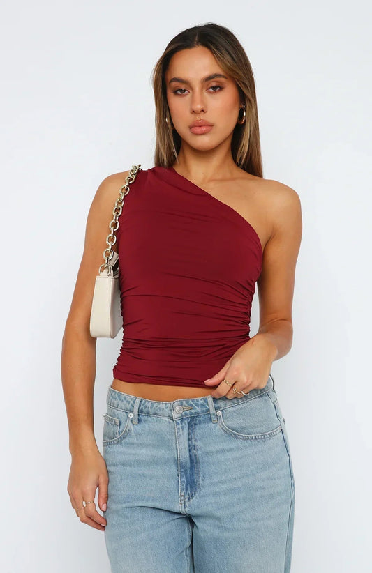 Ffion | One Shoulder Top Dark Red Ruched Stretch for Women