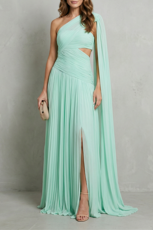 Rosalind | Maxi Dress Mint Green Chiffon One-Shoulder Cape for Women