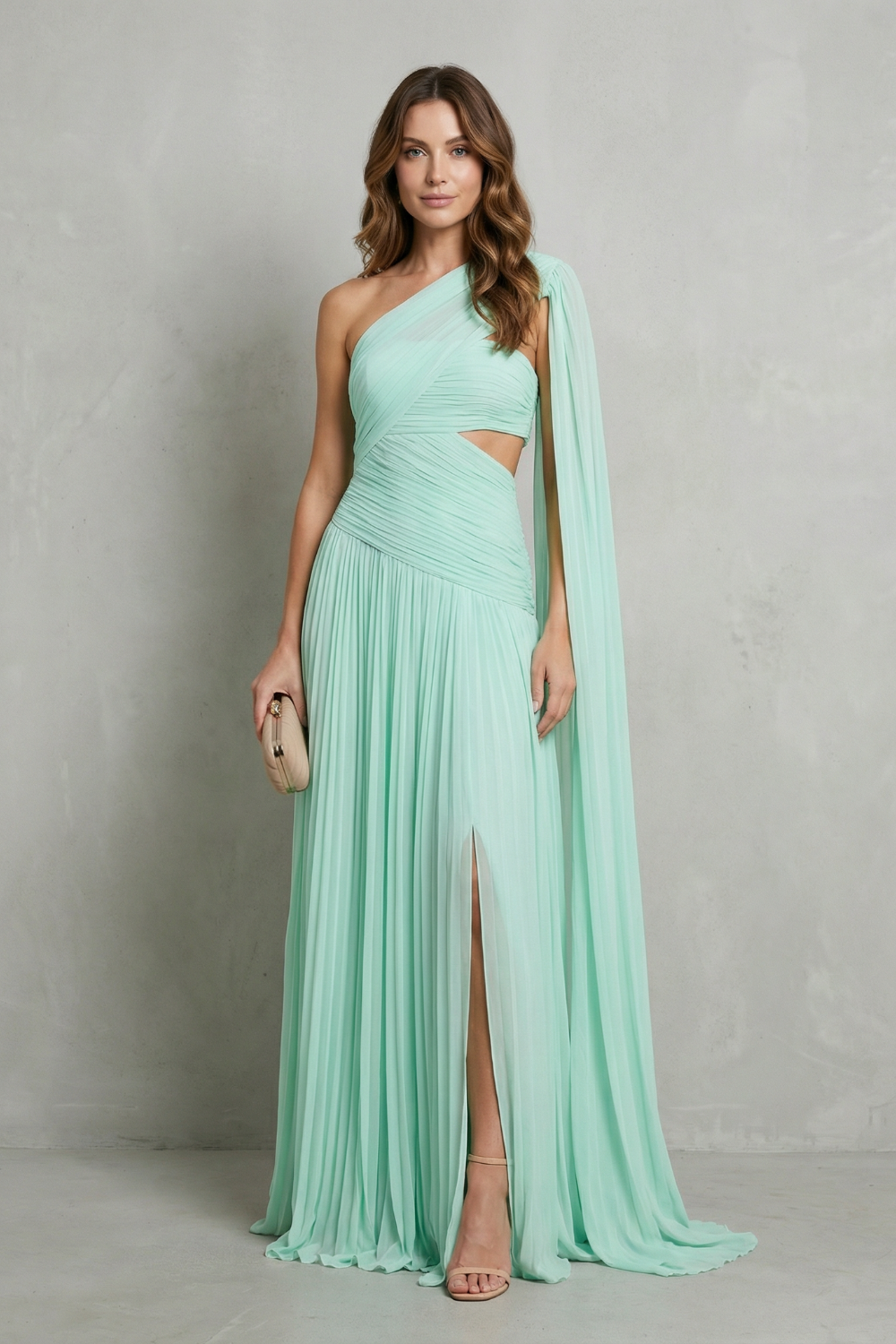 Rosalind | Maxi Dress Mint Green Chiffon One-Shoulder Cape for Women