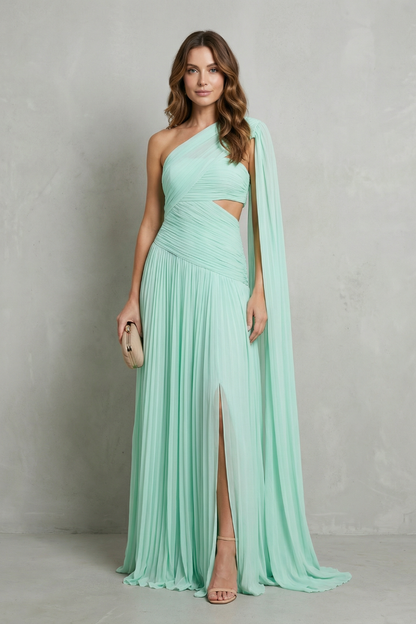 Rosalind | Maxi Dress Mint Green Chiffon One-Shoulder Cape for Women
