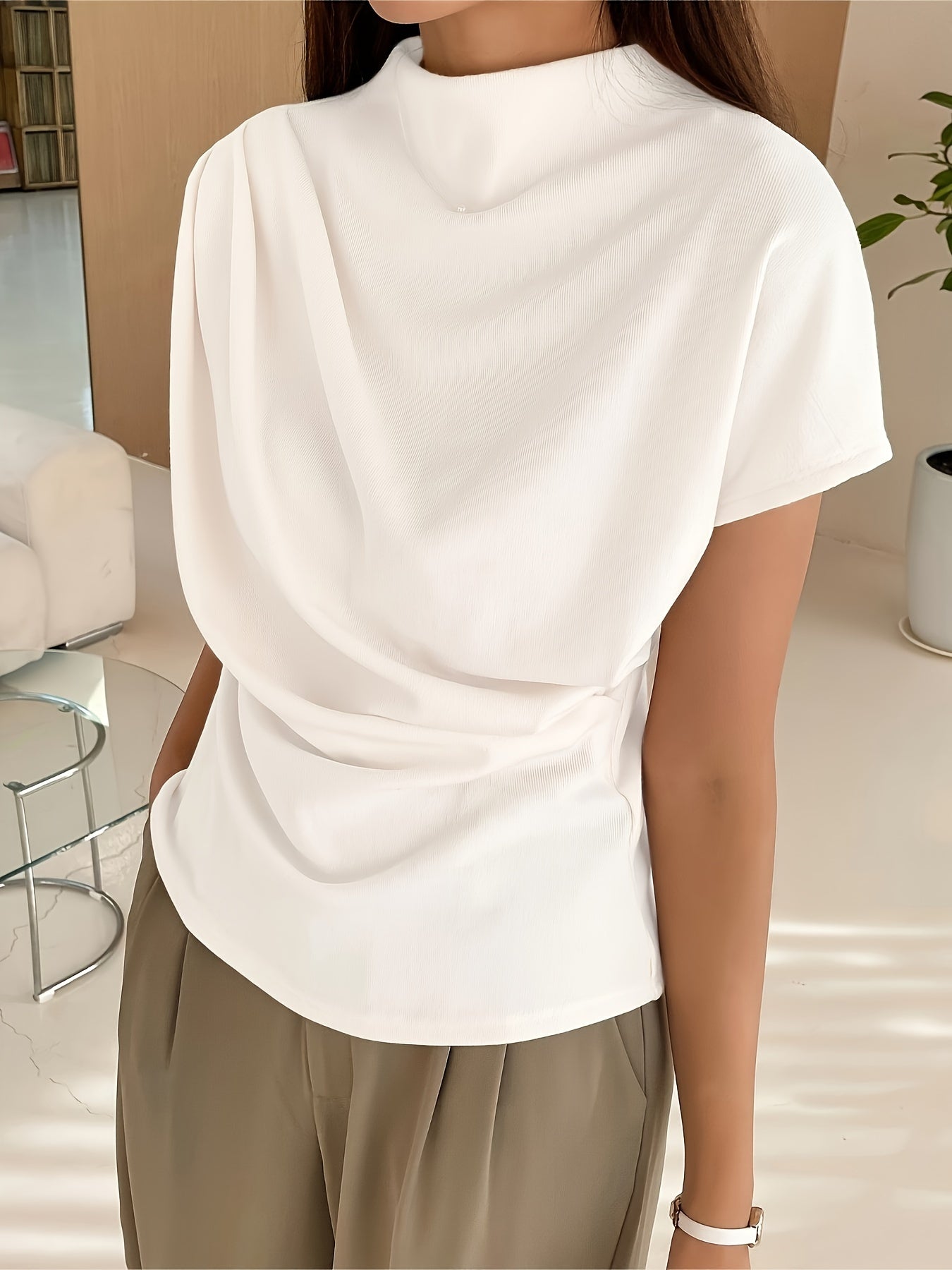 Bronwen | Mock Neck Top White Ribbed Draped Short Sleeve for Women