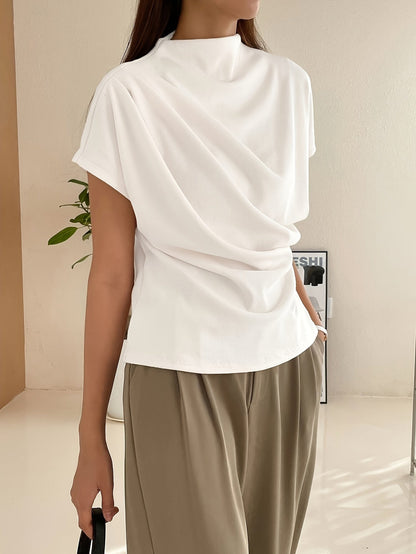 Bronwen | Mock Neck Top White Ribbed Draped Short Sleeve for Women