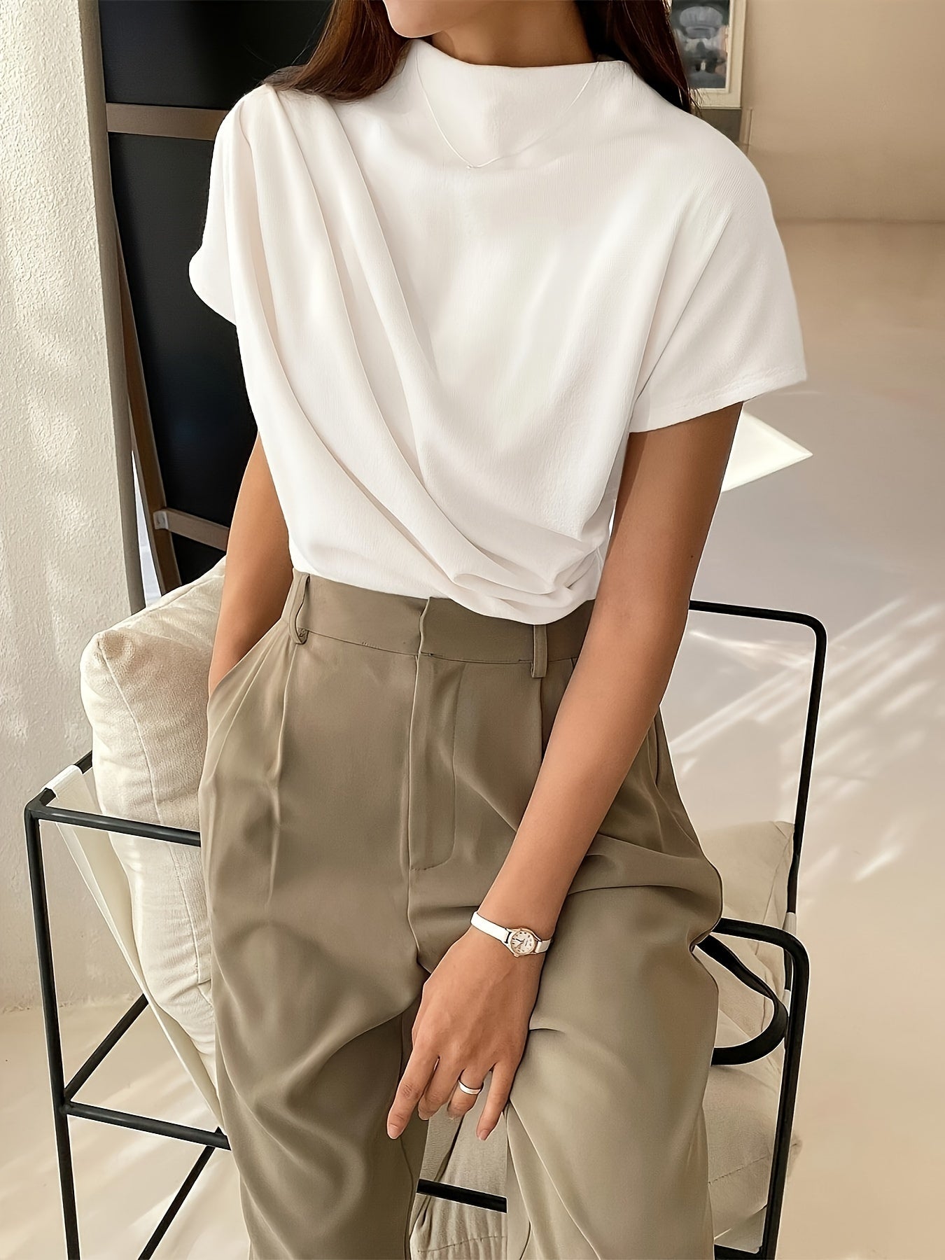 Bronwen | Mock Neck Top White Ribbed Draped Short Sleeve for Women