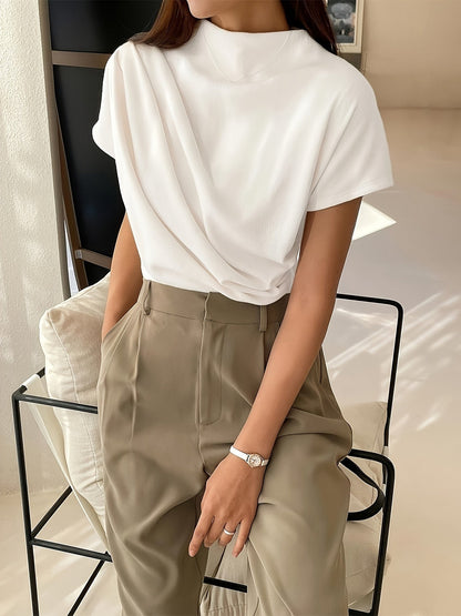 Bronwen | Mock Neck Top White Ribbed Draped Short Sleeve for Women