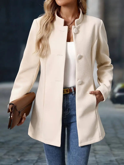 Phoebe | Wool Coat Cream Tailored Stand Collar Button Front for Women