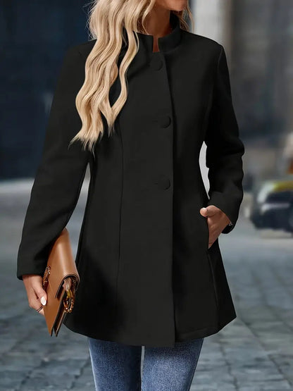 Phoebe | Wool Coat Cream Tailored Stand Collar Button Front for Women