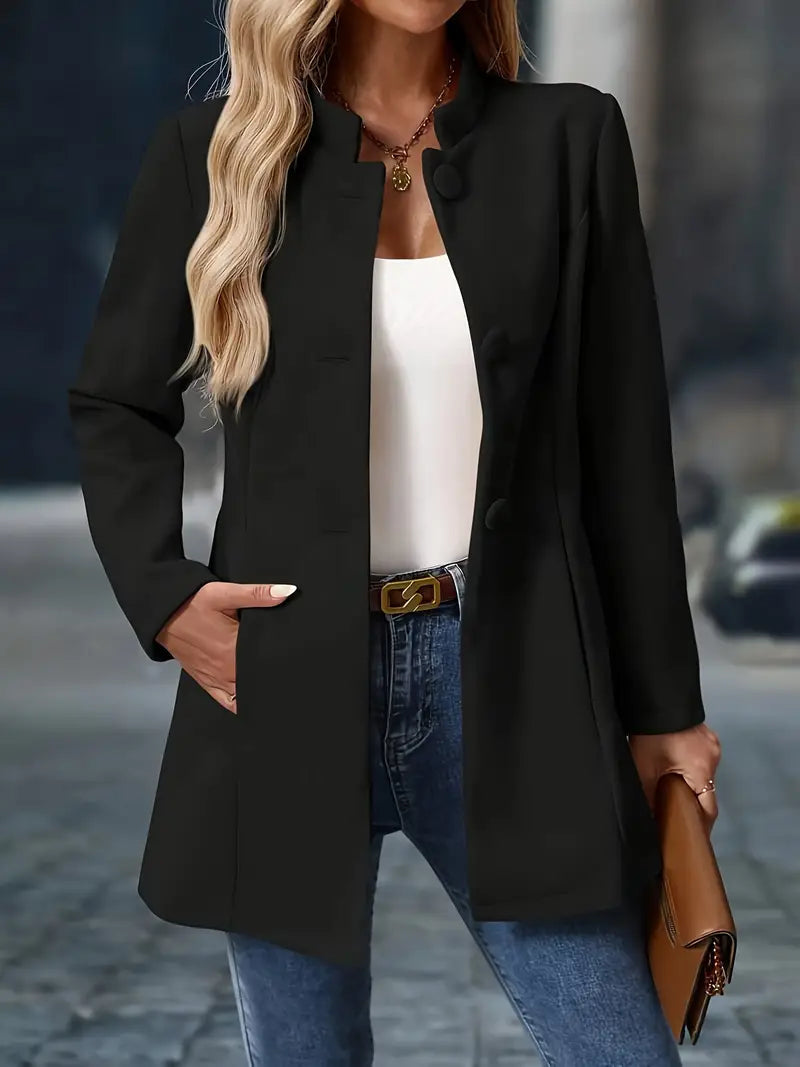 Phoebe | Wool Coat Cream Tailored Stand Collar Button Front for Women