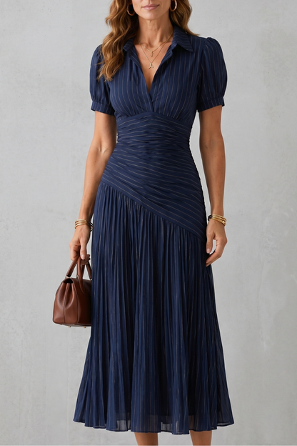 Lydia | Midi Dress Navy Blue Pinstripe Pleated Collared V-Neck for Women