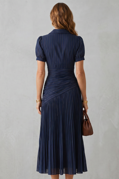 Lydia | Midi Dress Navy Blue Pinstripe Pleated Collared V-Neck for Women