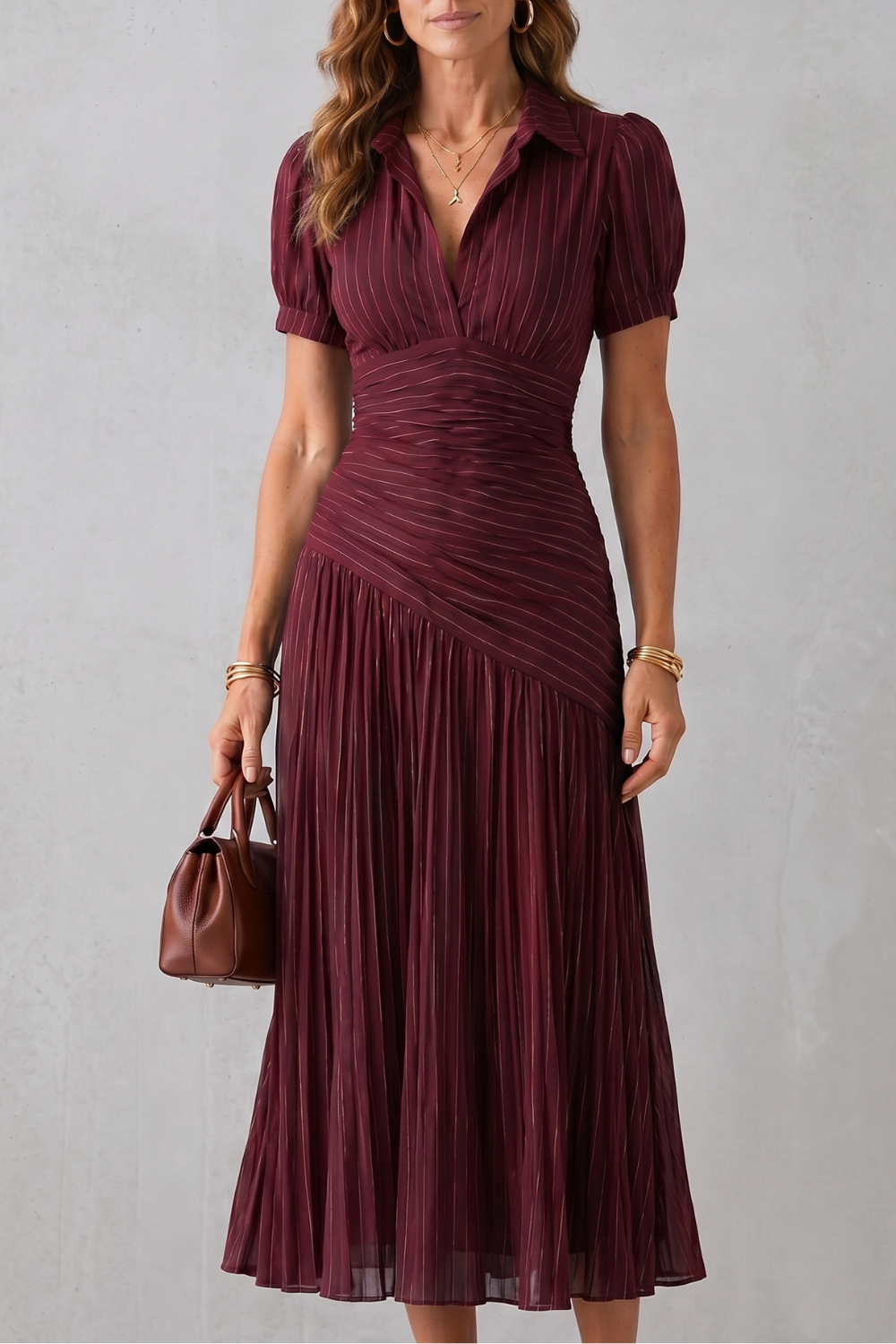Lydia | Midi Dress Navy Blue Pinstripe Pleated Collared V-Neck for Women