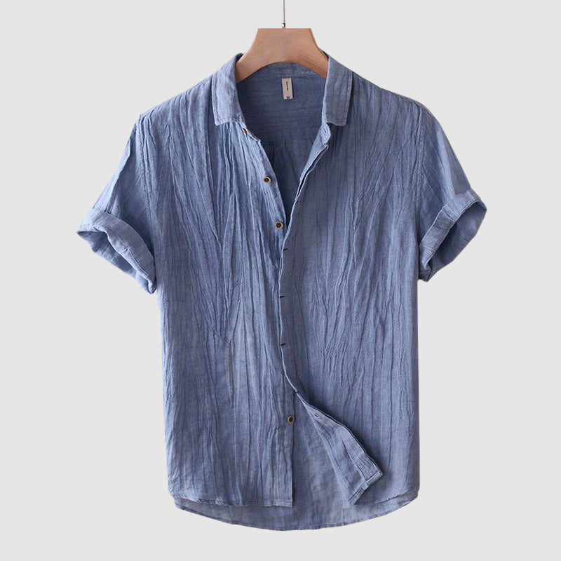 Gideon | Linen Shirt Blue Crinkle Short Sleeve for Men