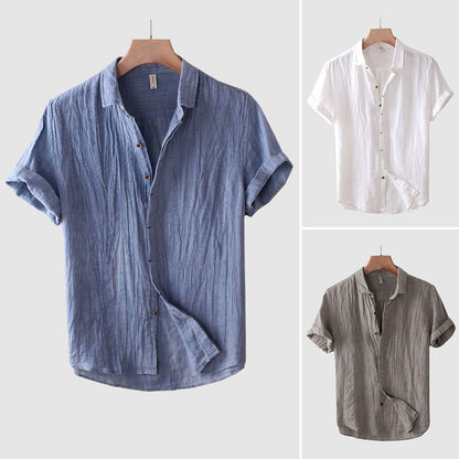 Gideon | Linen Shirt Blue Crinkle Short Sleeve for Men