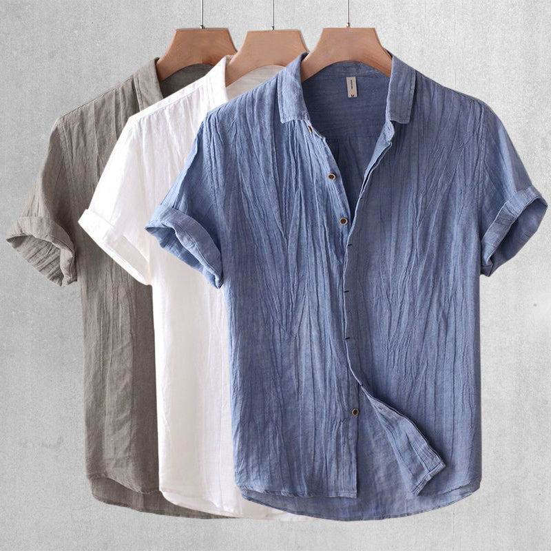 Gideon | Linen Shirt Blue Crinkle Short Sleeve for Men