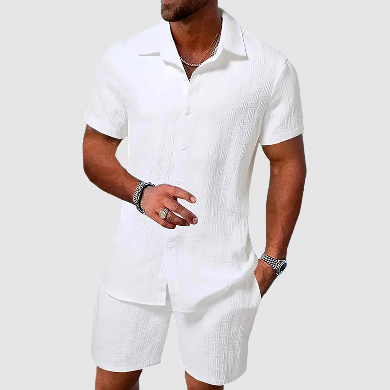 Clive | Two-Piece Set Cream Jacquard Shirt and Shorts for Men