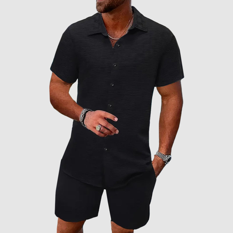 Clive | Two-Piece Set Cream Jacquard Shirt and Shorts for Men