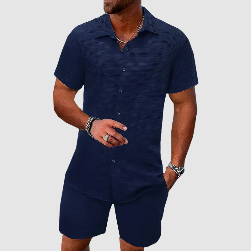 Clive | Two-Piece Set Cream Jacquard Shirt and Shorts for Men