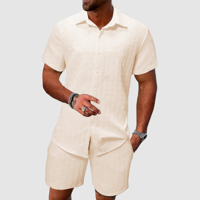 Clive | Two-Piece Set Cream Jacquard Shirt and Shorts for Men