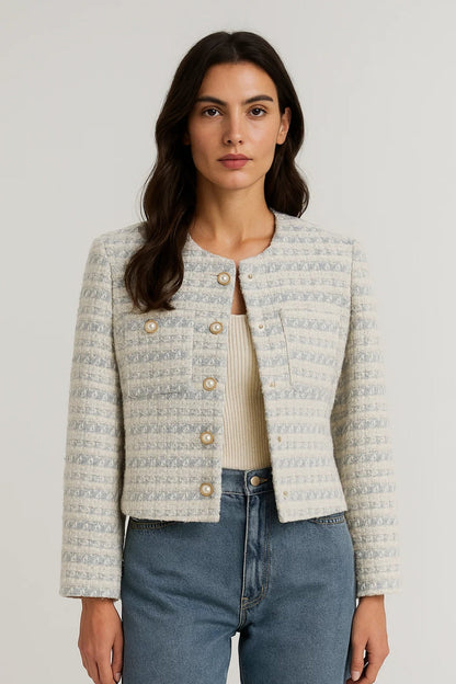 Harriet | Tweed Jacket Cream Blue Striped Pearl Button for Women