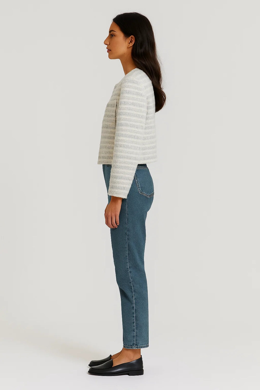 Harriet | Tweed Jacket Cream Blue Striped Pearl Button for Women