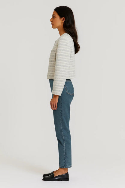 Harriet | Tweed Jacket Cream Blue Striped Pearl Button for Women