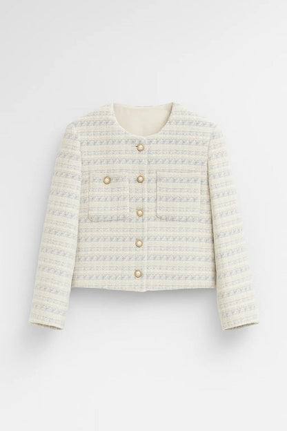 Harriet | Tweed Jacket Cream Blue Striped Pearl Button for Women