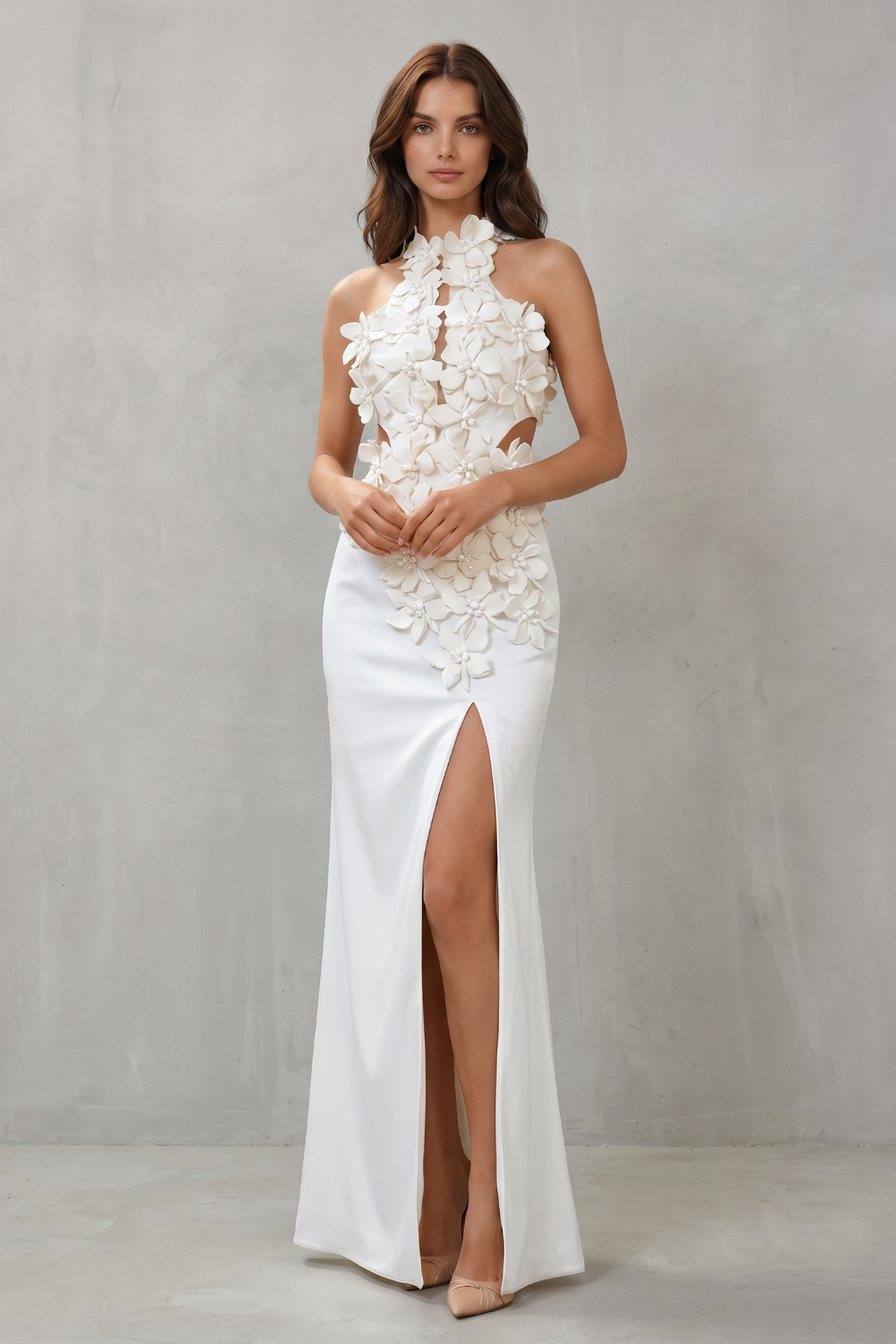 Celestine | Maxi Dress Ivory 3D Floral Appliqué Halter Neck Split for Women