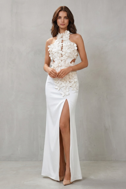 Celestine | Maxi Dress Ivory 3D Floral Appliqué Halter Neck Split for Women
