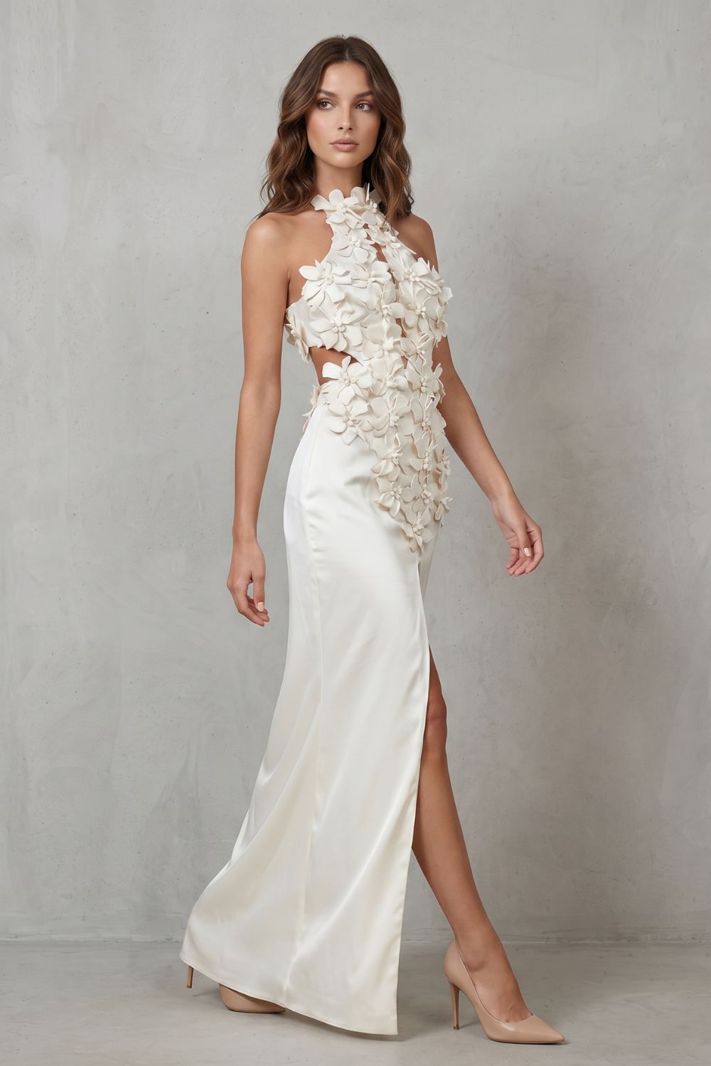 Celestine | Maxi Dress Ivory 3D Floral Appliqué Halter Neck Split for Women