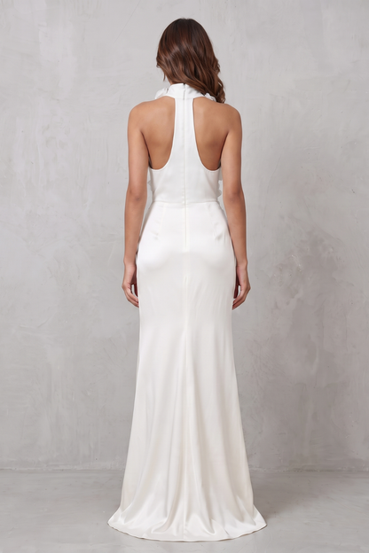 Celestine | Maxi Dress Ivory 3D Floral Appliqué Halter Neck Split for Women