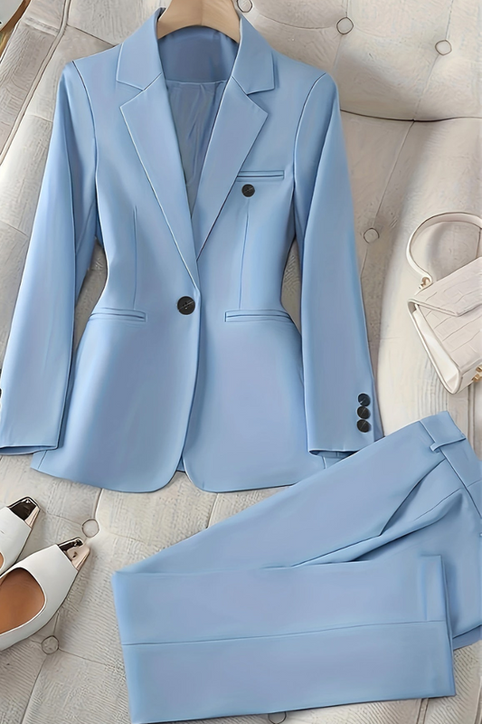 Cecilia | Blazer & Trouser Suit Set Sky Blue Polyester Tailored for Women