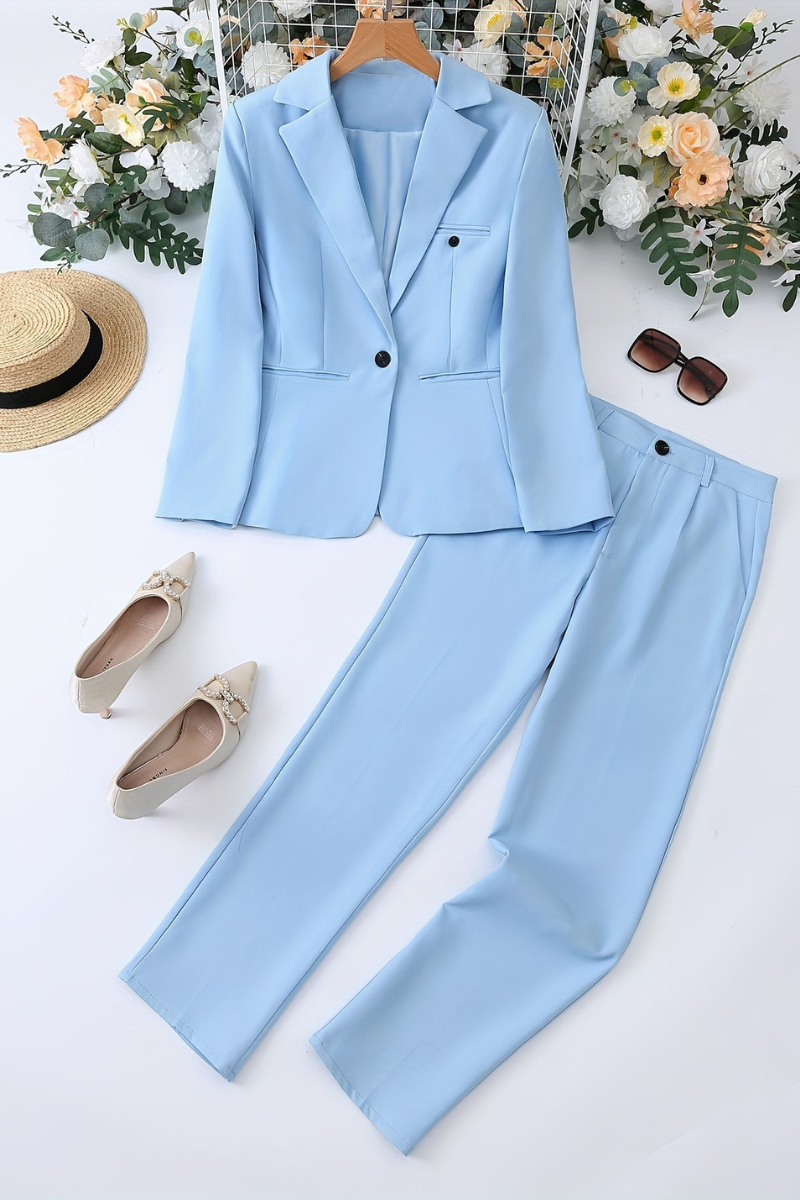Cecilia | Blazer & Trouser Suit Set Sky Blue Polyester Tailored for Women