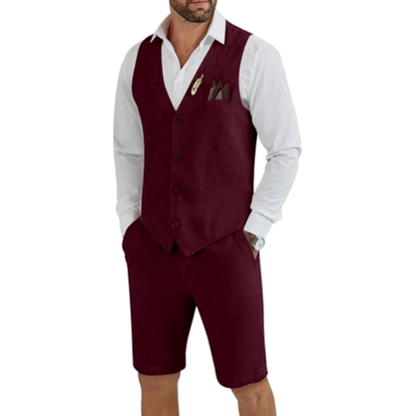 Quentin | Two-Piece Set Beige Linen Vest and Shorts for Men