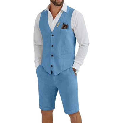 Quentin | Two-Piece Set Beige Linen Vest and Shorts for Men