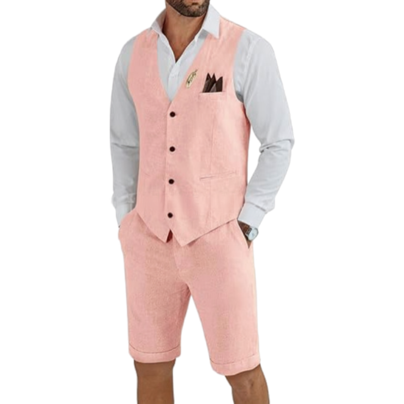 Quentin | Two-Piece Set Beige Linen Vest and Shorts for Men