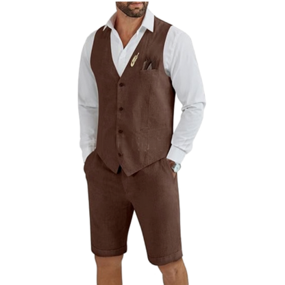 Quentin | Two-Piece Set Beige Linen Vest and Shorts for Men