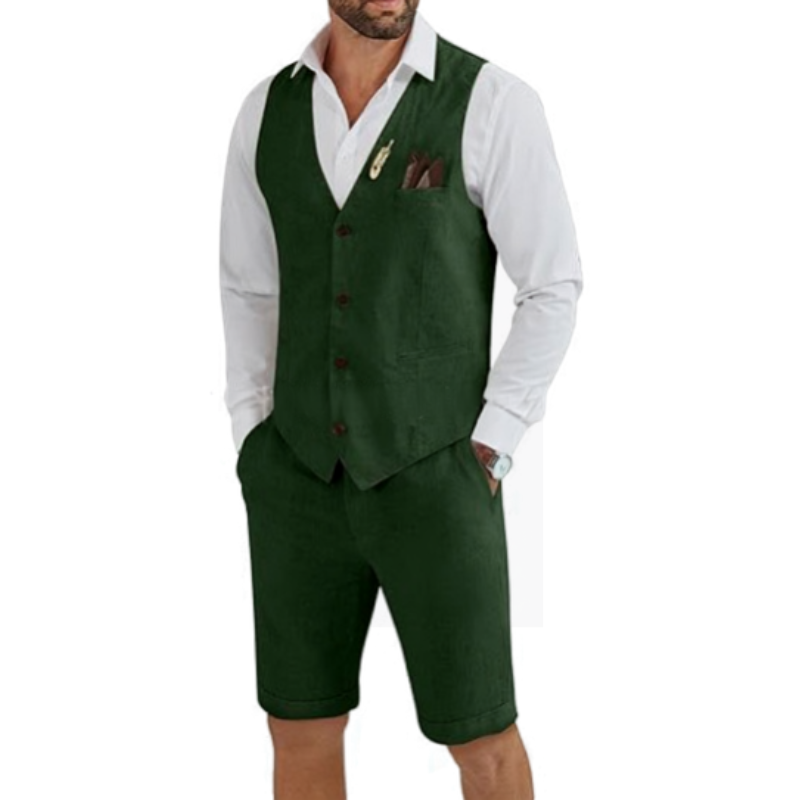 Quentin | Two-Piece Set Beige Linen Vest and Shorts for Men