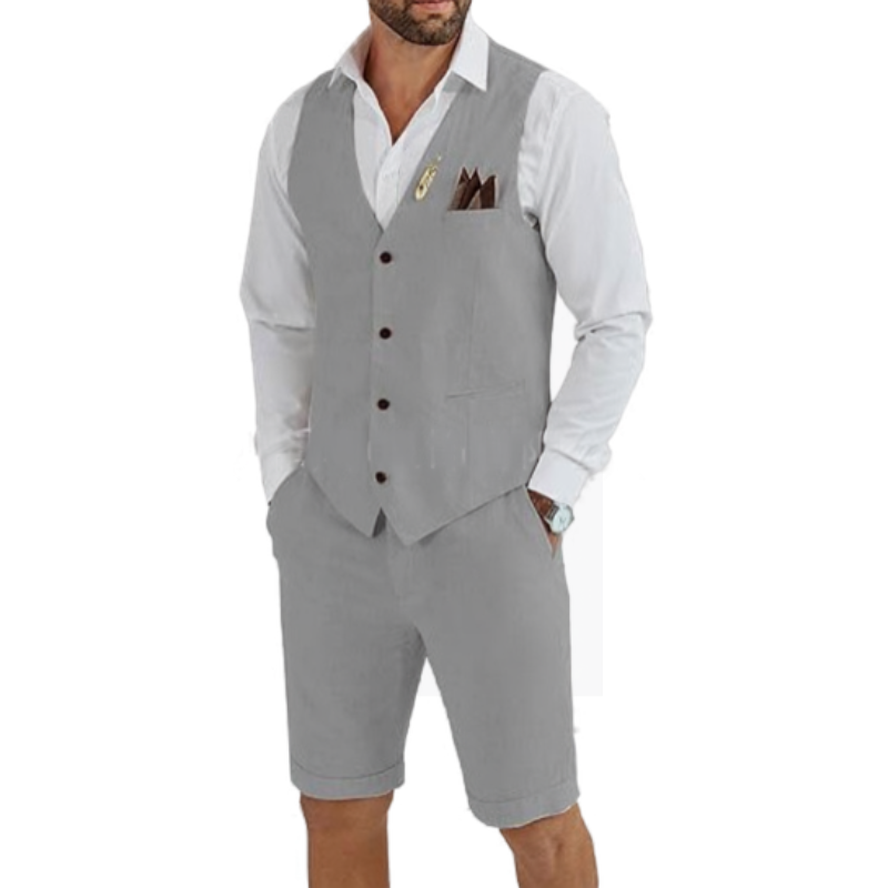Quentin | Two-Piece Set Beige Linen Vest and Shorts for Men