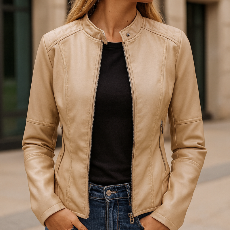 Harriet | Biker Jacket Red Faux Leather Stand Collar for Women