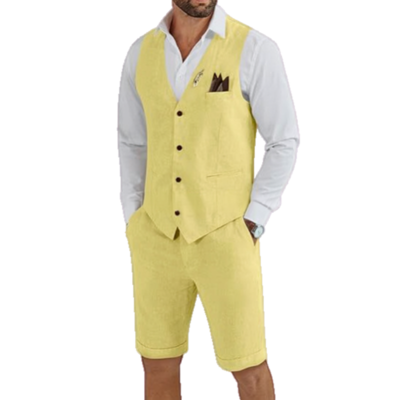 Quentin | Two-Piece Set Beige Linen Vest and Shorts for Men