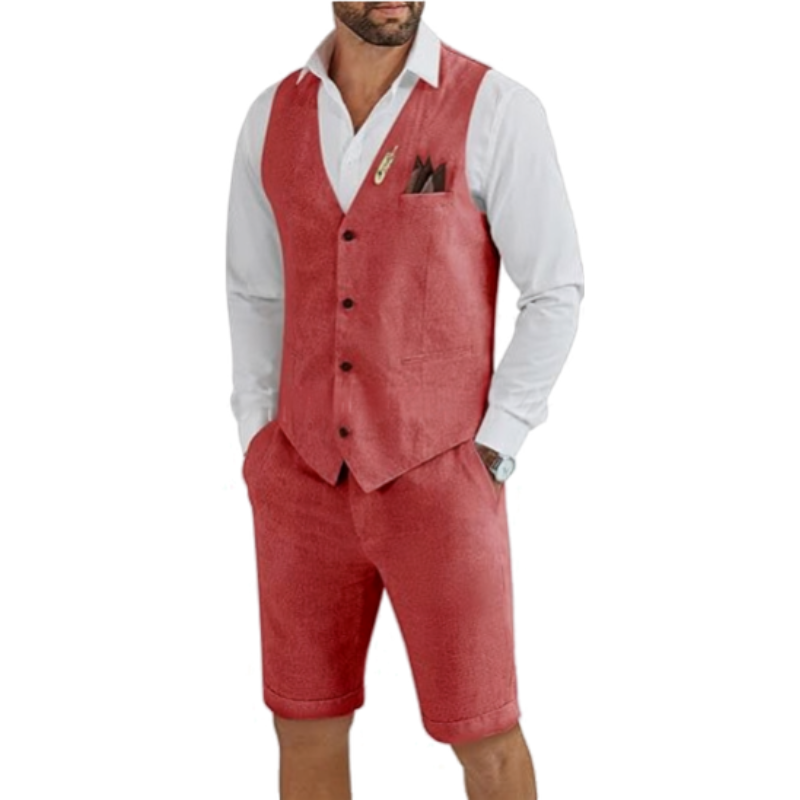 Quentin | Two-Piece Set Beige Linen Vest and Shorts for Men