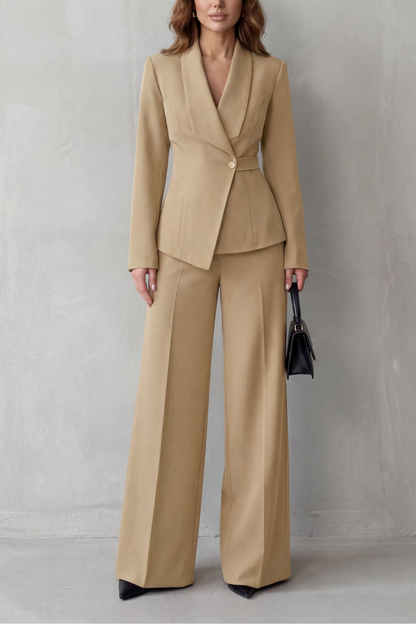Phoebe | Tailored Suit Set Camel Stretch Blazer Wide-Leg Trousers for Women