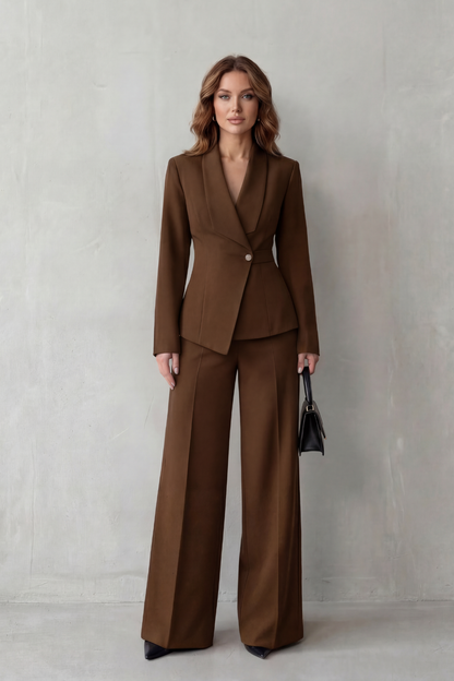Phoebe | Tailored Suit Set Camel Stretch Blazer Wide-Leg Trousers for Women