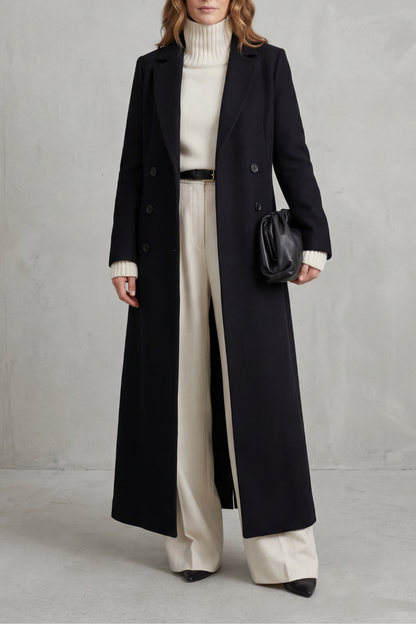 Ingrid | Long Wool Coat Navy Double-Breasted Tailored for Women