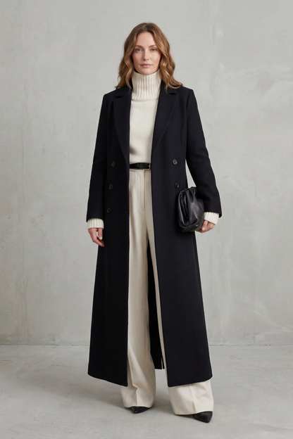 Ingrid | Long Wool Coat Navy Double-Breasted Tailored for Women
