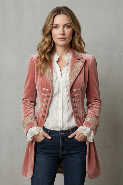 Rosalind | Tailcoat Dusty Pink Velvet Embroidered Military for Women